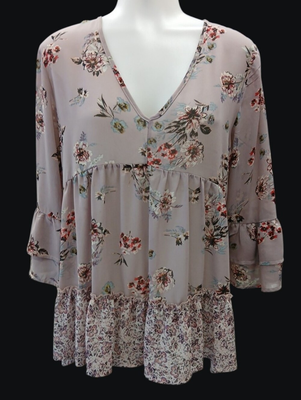 Artesia Boho Floral V-Neck Flowy Babydoll Blouse Peasant Style Top